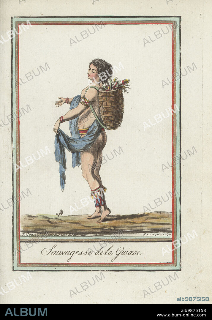 Woman of the Kalina or Carib people, French Guiana, South America. In apron or coyon decorated with beads, shawl, beaded gaiters, carrying a basket of flowers on her back. Sauvagesse de la Guiane. Handcoloured copperplate engraving by J. Laroque after a design by Jacques Grasset de Saint-Sauveur from his Encyclopedie des voyages, Encyclopedia of Voyages, Bordeaux, France, 1792.