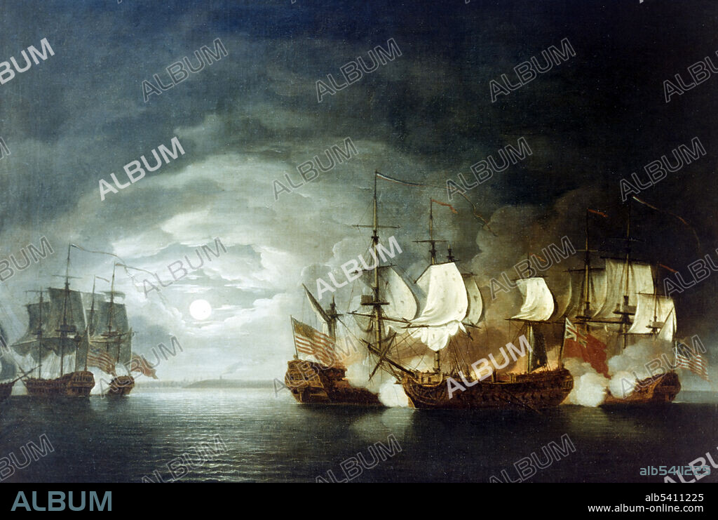 Battle between Continental Navy ship USS Bonhomme Richard and HMS Serapis, September 23, 1779. Bonhomme Richard (center), commanded by Continental Navy Captain John Paul Jones, closely engaged with HMS Serapis, commanded by Royal Navy Captain Richard Pearson, off Flamborough Head, England. Firing at right is the Continental frigate Alliance, while at left the British sloop-of-war Countess of Scarborough is engaging the French frigate Pallas. Oil on canvas by Thomas Mitchell, 1780 (cropped and cleaned).
