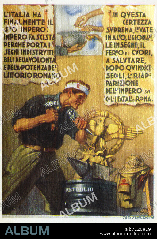 FASCISM Postcard of propaganda. The phrases in the cartigli are drawn by the speech of Mussolini of 9 May 1936 for Proclamation of the Empire, to the term of the war of Ethiopia:'Italy has its Empire finally: Fascist empire... ... in this supreme certainty up legionari rises, the standards, the iron, and the hearts to greeting...'Illustration of Manlio D' Ercoli, 1936.