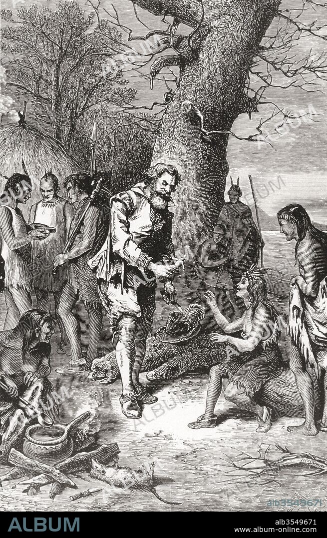 Captain John Smith a captive among the Indians. John Smith, 1580 – 1631, Admiral of New England. English soldier, explorer and author. From The History of Our Country, published 1899.