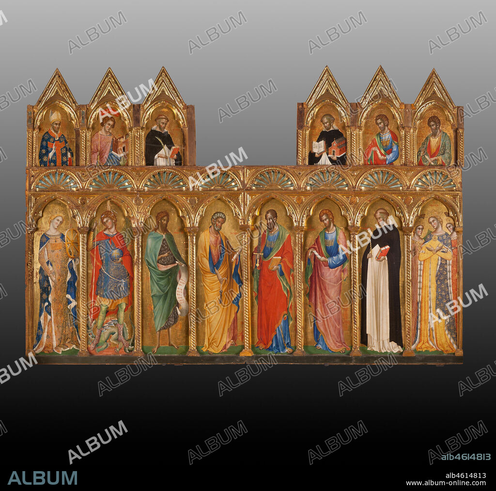 San Severino Marche, Pinacoteca Comunale: Paolo Veneziano, Polyptych (1358) with Saints.. From left to right and top to bottom: St. Severino, St. Venanzio, St. Peter Martyr, St. Thomas Aquinas, St. Thomas the Apostle, St. Bartholomew, St. Catherine of Alexandria, St. Michael Archangel, St. John the Baptist, St. Peter the Apostle, St. Paul, St. Philip, St. Dominic and St. Ursula.