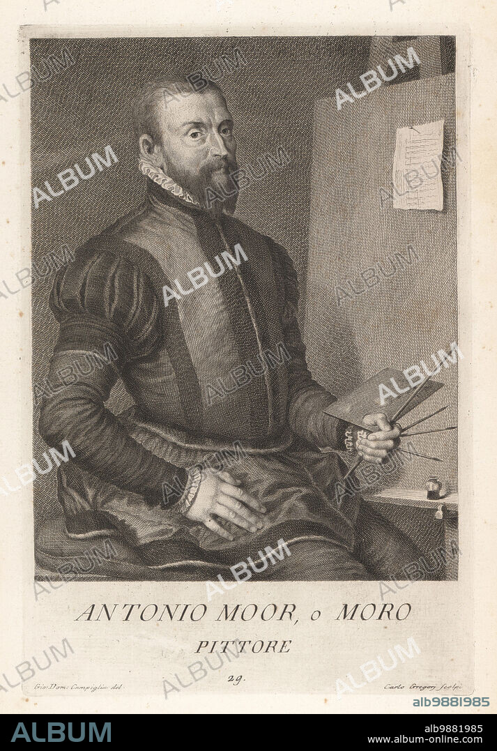 Antonis Mor, or Anthonis Mor van Dashorst or Antonio Moro, Netherlandish court portrait painter, c.1517-1577. Pictured in front of a canvas on an easel in ruff collar, doublet with puffed sleeves, holding paintbrushes and palette. Antonio Moor, Pittore. Copperplate engraving by Carlo Gregori after Giovanni Domenico Campiglia after a self portrait by the artist from Francesco Moucke's Museo Florentino (Museum Florentinum), Serie di Ritratti de Pittori (Series of Portraits of Painters) stamperia Mouckiana, Florence, 1752-62.