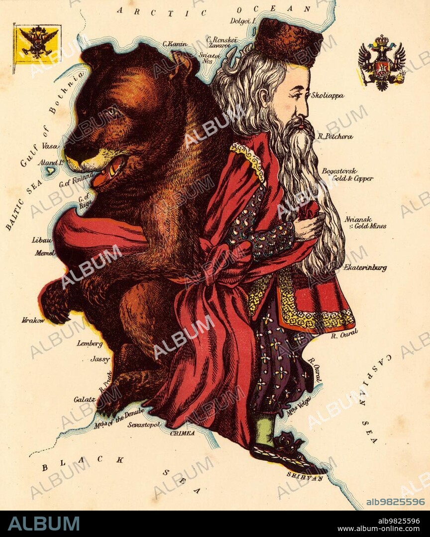 Personified map; c. 1880; Russia; depicted with a Pope and a Bear; Historical; digitally restored reproduction from a 19th century original; Europe.