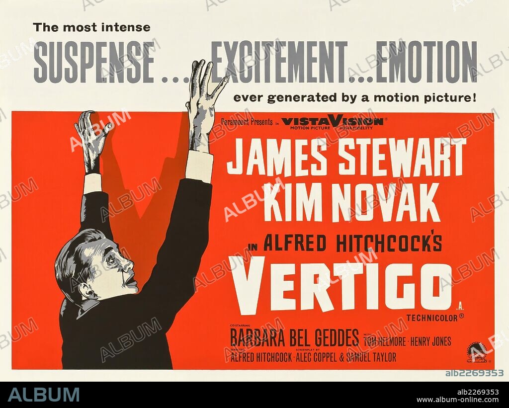 Poster of VERTIGO, 1958, directed by ALFRED HITCHCOCK. Copyright Alfred J. Hitchcock Productions.