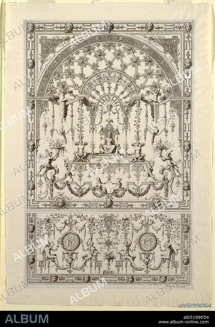 Design for Grotesque Ornament, Jean Bérain, the Elder, French, 1640 - 1711, Etching and engraving on white laid paper, Symmetrical pattern filled with airy grotesques arranged in two sections on sheet. Upper portion shows a jester seated on a throne under an arched lattice trellis. The lower section shows two medalions with cherubs, each flanked by seated figures. Additional ornament includes strapwork, lambrequins, acanthus tendrils and fanciful creatures., France, ca. 1680, ornament, Print, Print.