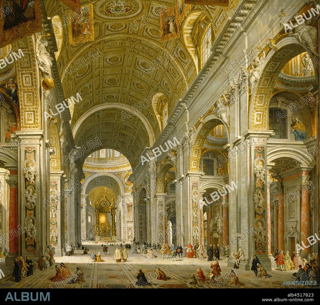 Giovanni Paolo Panini, Italian, 1691-1765, Interior of St. Peter's, Rome, 1750, oil on canvas, Unframed: 52 1/4 × 57 5/16 inches (132.7 × 145.6 cm).