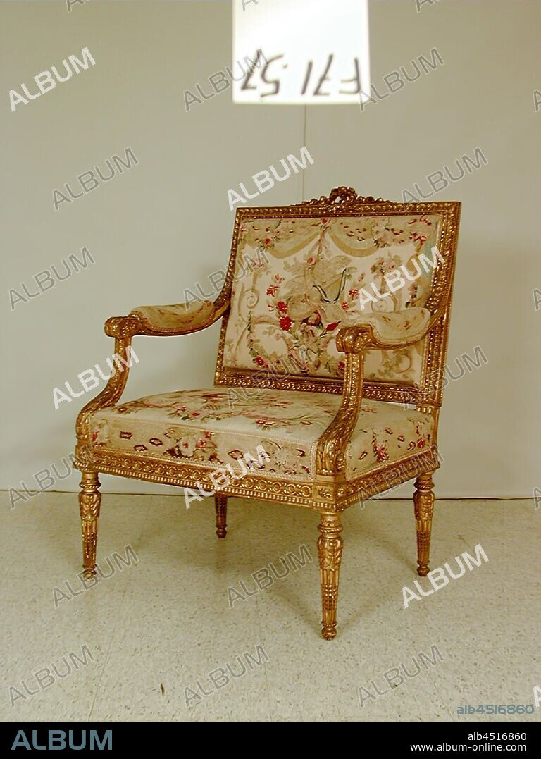 Arm Chair, ca. 1785, silk and wool cover (Beauvais tapestry), carved and gilded beechwood frame, Overall: 38 3/4 × 27 3/8 × 24 1/2 inches (98.4 × 69.5 × 62.2 cm).