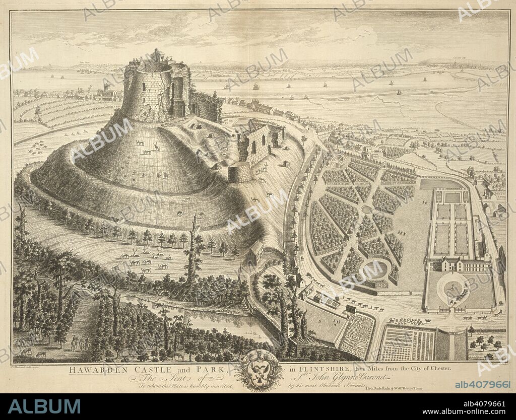 THOMAS BADESLADE. A view of Hawarden Castle and Park in Flintshire. View of Hawarden Castle and Park in Flintshire, the Seat of Sir John Glynne, Bart. 1740. Source: Maps K.Top.47.24.a. Language: English.
