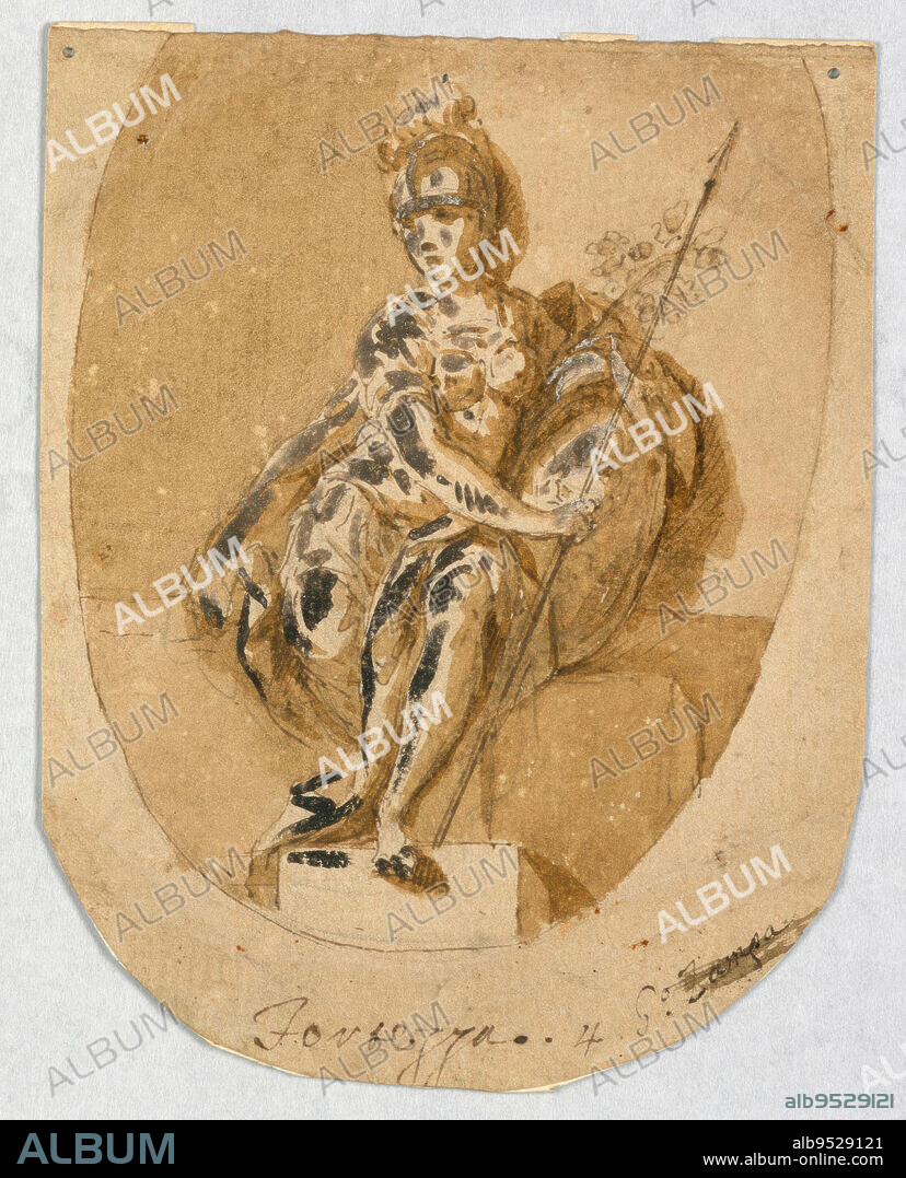 GIACOMO ZAMPA. A seated woman in armor carries shield, lance, and a laurel branch. Ovoid, caption, signature similar to those in 1931-65-50, except for "Fortezza", "4". On verso: a part of the head and of the thorax of a bearded man, bending forward in black crayon. Date: ca. 1780. Black chalk, pen and ink, brush and sepia wash, brush and oxidized white gouache on brown paper.
