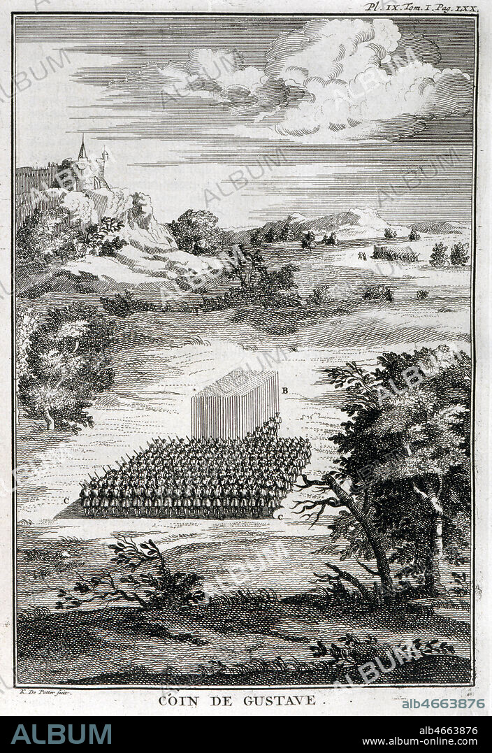 Strategie militaire appelee 'Coin de Gustave' utilisee lors de la bataille de Leipzig par le roi de Suede Gustave II Adolphe (1594-1632) pendant la guerre de Trente ans. Gravure dans Histoire de Polybe traduit du grec par Vincent Thuillier en 1729. Credit: Coll. Diry/KHARBINE-TAPABOR.
