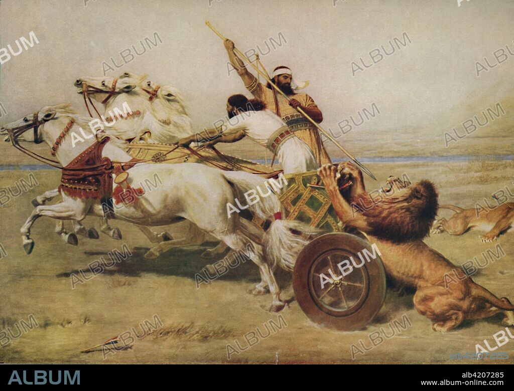 'The Hunter Hunted', late 19th-early 20th century, (1922). Lion attacking a chariot, inspired by ancient Babylonian hunting scenes. From "Bibby's Annual 1922", edited by Joseph Bibby. [J. Bibby & Sons, London, 1922].