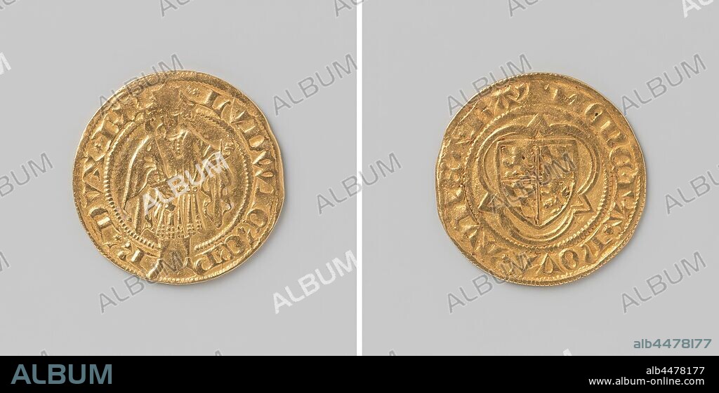 Rhine guilder, Golden Rhine guilder, minted by the count of count Louis III (1430 - 1436) Front Man with sword in his right hand with his feet out, inscription: LUDWIC C'P'R 'DUX BA'. Reverse: Weapon in tripod, inscription: MONETA NOVA AUREA BA '., Germany, Brielle, Bacharach, c. 1430, gold (metal), striking (metalworking), d 2.2 cm × w 3.47 gr.