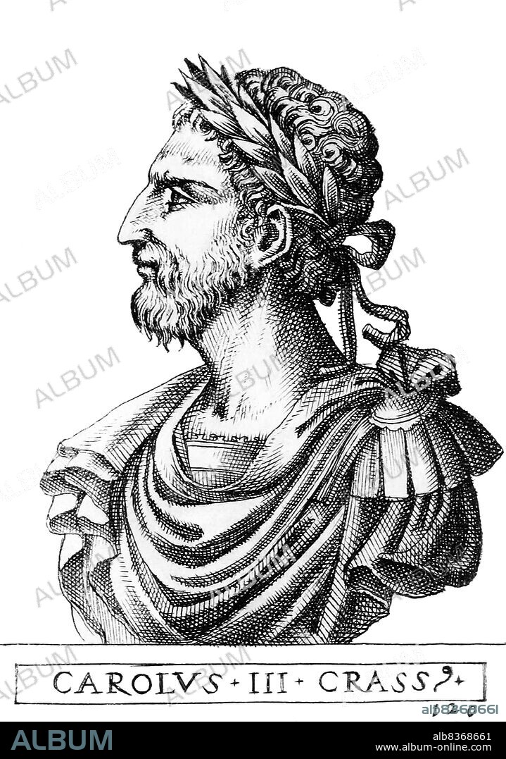 Charles III (839-888), more commonly known as Charles the Fat, was the youngest son of Louis the German, King of East Francia, and great-grandson of Emperor Charlemagne. Following the division of East Francia among Louis' sons, Charles inherited Alamannia in 876, but soon inherited the Kingdom of Italy in 876 after his older brother Carloman of Bavaria abdicated.<br/><br/>. Charles was eventually crowned as Holy Roman emperor in 881, and succeeded his brother Louis the Younger as king of Saxony and Bavaria a year later, reuniting the Kingdom of East Francia. He was forced to deal with the Great Heathen Army, a large force of Vikings that had been repelled from Britain by King Alfred the Great in 878, something he dealt with through assassination and bribery. After his cousin Carloman II died in 884, Charles also inherited all of West Francia, reuniting the Carolingian Empire under his reign.<br/><br/>. Charles' reunited kingdom did not last long, as a coup in November 887 led by his nephew Arnulf of Carinthia eventually deposed him. He was forced to retire, and soon died of natural causes a year later in January 888, only weeks after his deposition. The Carolingian Empire soon fell apart after his death, split into five successor kingdoms.