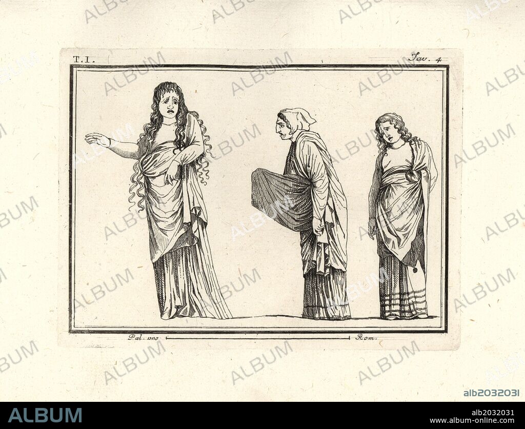 Painting of a tragic scene showing three women in baleful masks and postures. Perhaps they are three Greek professional mourners attending a funeral. Copperplate engraved by Tommaso Piroli from his own "Antichita di Ercolano" (Antiquities of Herculaneum), Rome, 1789. Italian artist and engraver Piroli (1752-1824) published six volumes between 1789 and 1807 documenting the murals and bronzes found in Heraculaneum and Pompeii.