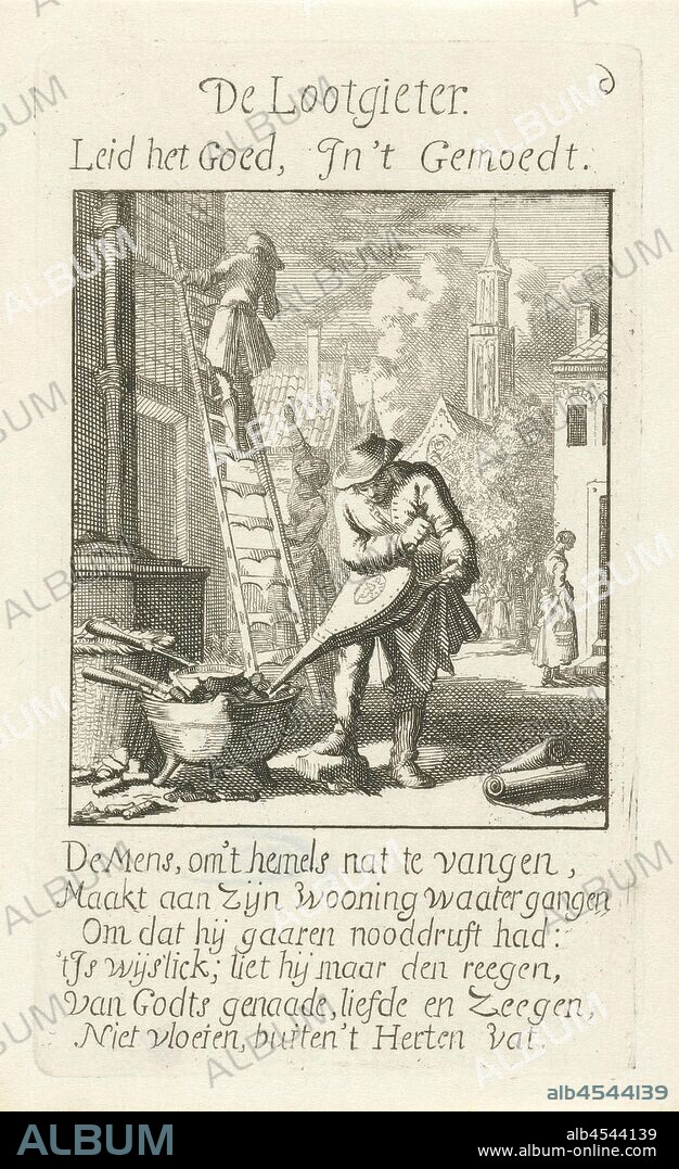 Plumber De Lootgieter (title on object) The Menselyk Bedryf (series title), plumber, handicrafts, craftsman at work, Jan Luyken, Amsterdam, 1694, paper, etching, h 139 mm × w 83 mm.