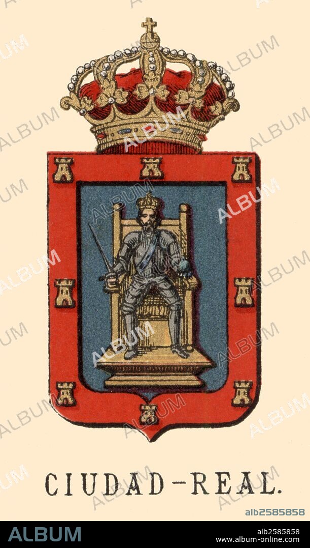 España. Heráldica. Escudo de armas de la provincia de Ciudad Real. Grabado de 1878.