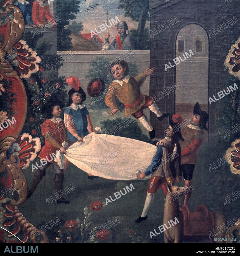 Anonymous Mexican painting, with a scene of 'Don Quijote de la Mancha', Sancho Panza tossed in a blanket before the look of Don Quixote.