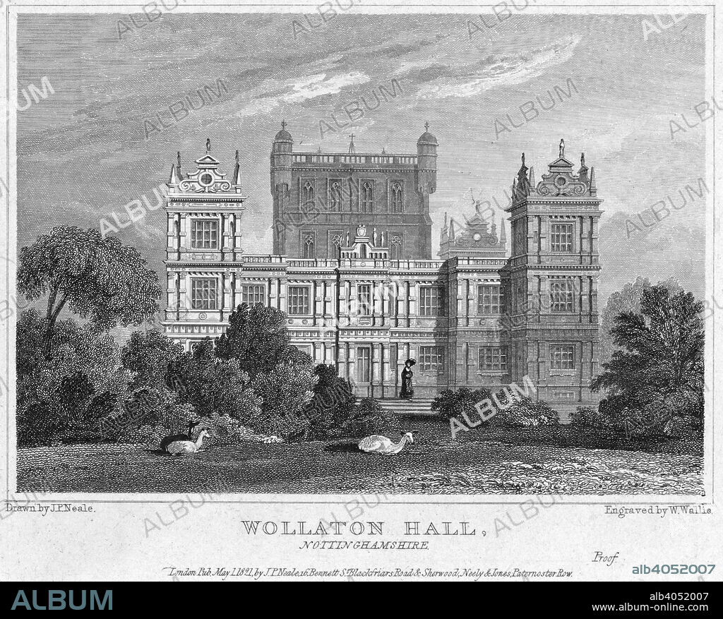 Wollaton Hall, Nottingham, Nottinghamshire, 1821. View from the south-east. Sir Francis Willoughby began to build his new hall at Wollaton in 1580, and it was eight years before it was completed. Much of the money for its construction derived from the wealth acquired by the Willoughbys from early coal mining in the area. The stone was brought from Ancaster in exchange for coal, and the total cost of the building reached about £8000. The Willoughby family did not recover from the expense for two generations. Robert Smythson, who had previously worked at Longleat and ten years later was to design Hardwick Hall, was the 'architector and surveyor'. The Hall was designed for show rather than comfort. The Elizabethans were fascinated by pattern and symmetry and the design shows both of these, reflecting ideals of the late Renaissance period.