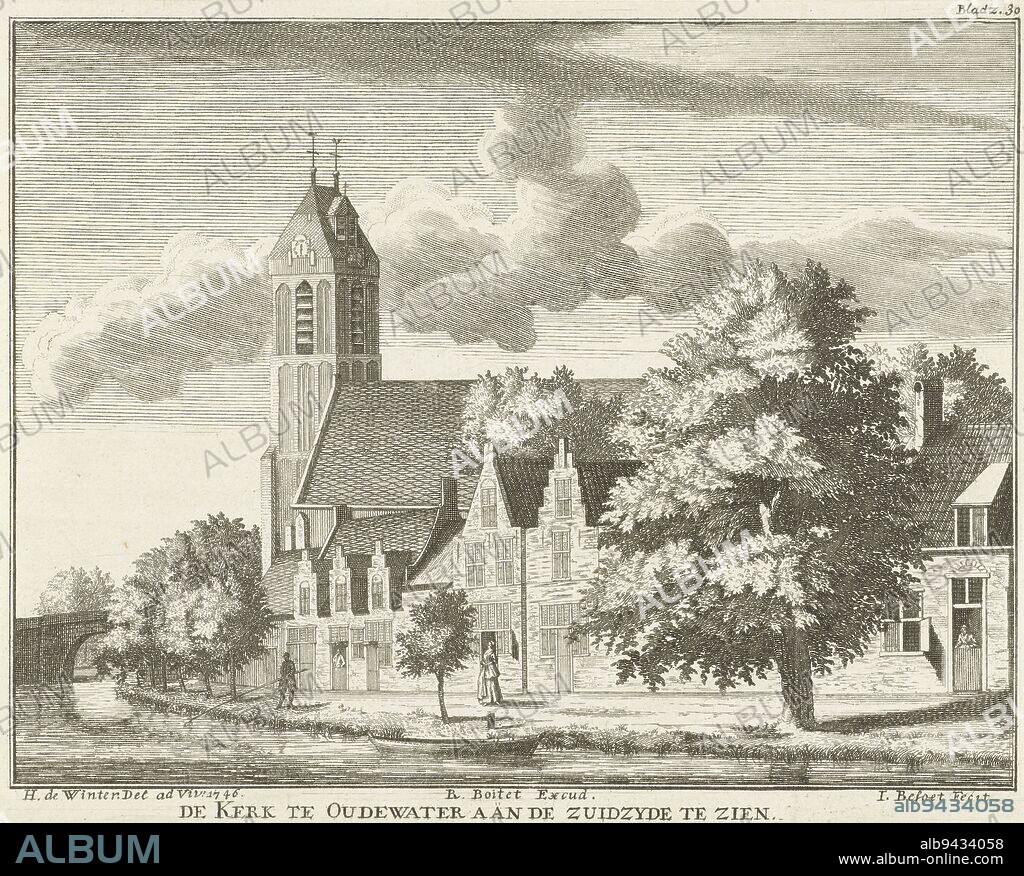 View of Grote or Sint Michaëlskerk in Oudewater The church in Oudewater on the zuidzyde to be seen, print maker: Iven Besoet, (mentioned on object), intermediary draughtsman: Hendrik de Winter, (mentioned on object), publisher: Reinier Boitet, (mentioned on object), print maker: Netherlands, publisher: Delft, 1746 - 1747 and/or 1747, paper, etching, engraving, h 157 mm × w 200 mm.