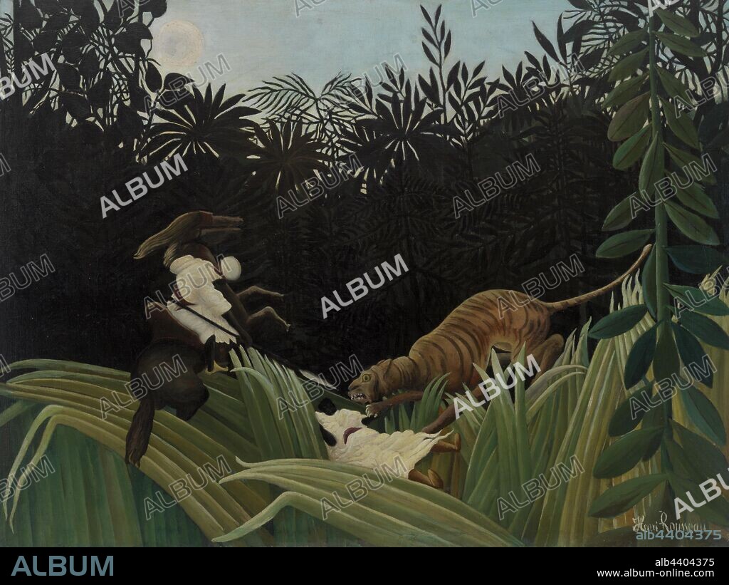 Henri Rousseau: Scouts Attacked by a Tiger (Éclaireurs attaqués par un tigre), Henri Rousseau, 1904, Oil on canvas, Self-taught artist Henri Rousseau created his enormous jungle scenes by studying the plants and taxidermy animals in Paris's natural history museums. Painted at the height of the colonial period, such works were popular with Parisian audiences for their theatrical presentation of France's faraway territories as exotic and violent., Overall: 47 7/8 x 63 3/4 in. (121.6 x 161.9 cm).