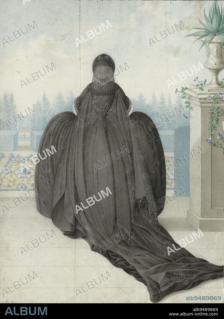 Empress Maria Theresa of Austria (1717-1780) in mourning dress, seen from behind on the terrace of a park, Portrait of Empress Maria Theresa of Austria, draughtsman: Ignaz Manzador, Austria, 1765 - 1791, paper, brush, h 322 mm × w 241 mm.