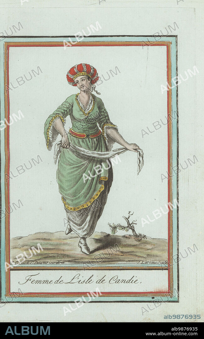 Woman of the Kingdom of Candia, Ottoman Empire, dancing with a kerchief. In pearl-trimmed turban, tunic dress with buttons to the waist, long Chinese sleeves, harem pants. Now the Greek island of Crete. Femme de l'isle de Candie. Handcoloured copperplate engraving by J. Laroque after a design by Jacques Grasset de Saint-Sauveur from his Encyclopedie des voyages, Encyclopedia of Voyages, Bordeaux, France, 1792.