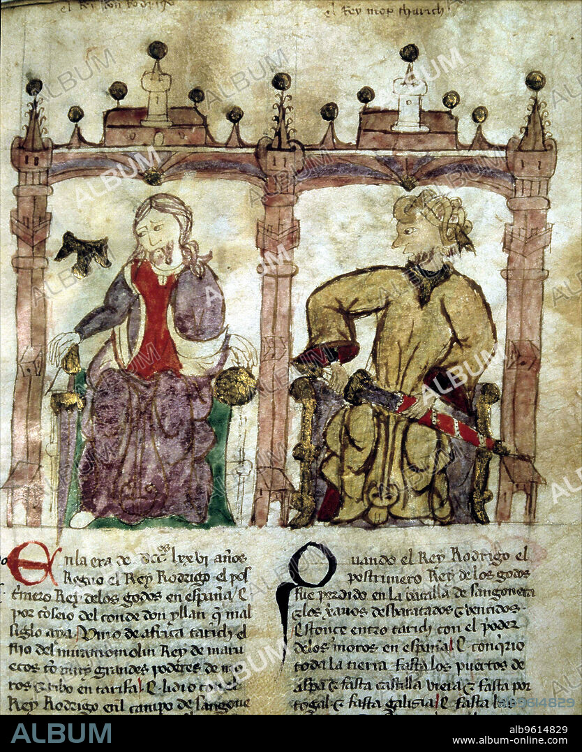 Don Rodrigo, last Visigothic King (671 -711), Tariq, Chief Berber, miniature of the  Book 'Portraits of Kings'  11th century.