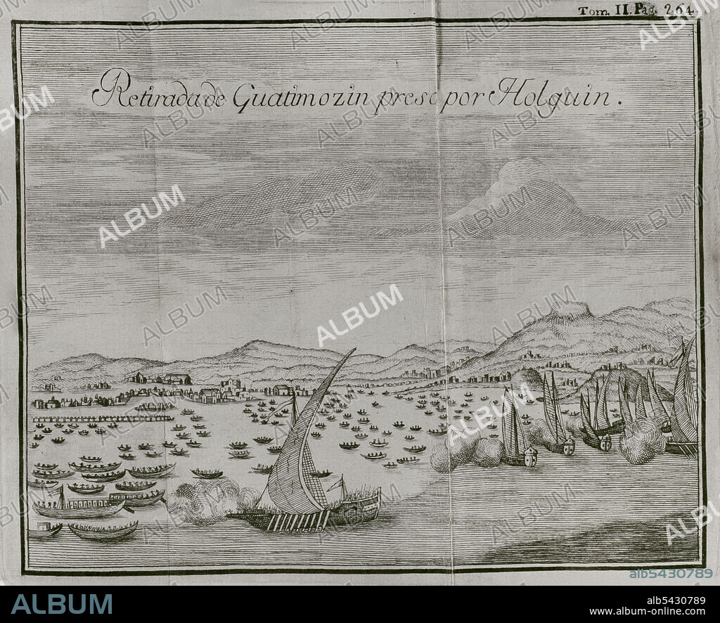 Grabado representando la captura por los españoles de Guatimocín (1496-1525), último emperador de los aztecas, mientras intentaba huir de Tenochtitlán en una canoa el 13 de agosto de 1521. Fue alcanzado por un bergantín español pilotado por García Holguín. "Historia de la Conquista de México, población, y progresos de la América Septentrional, conocida por el nombre de Nueva España". Escrita por el cronista Antonio de Solís y Rivadeneryra (1610-1686). Tomo II. Edición editada en Barcelona y dividida en dos tomos, año 1771. Impresor del Rey: Thomas Piferrer. Biblioteca Histórico Militar de Barcelona. Cataluña, España.