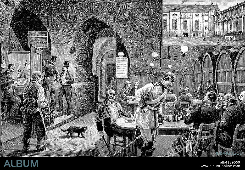 The Blutgericht was a historic wine and gourmet delicacy in Koenigsberg, which was housed in the basement vaults of the north wing in the Koenigsberg castle, East Prussia, Russia, historical image or illustration, published 1890, digital improved.