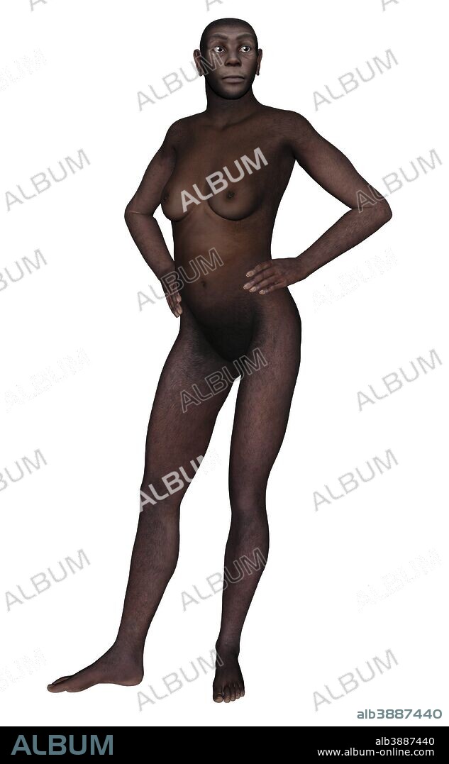 Female homo erectus standing, white background.