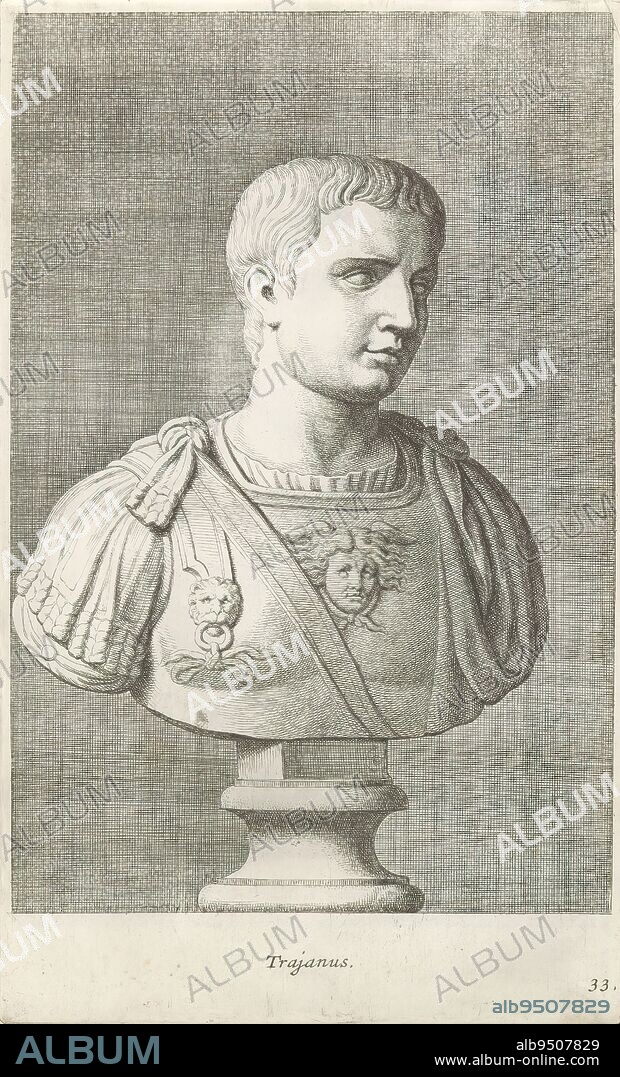 Bust of Emperor Trajan, Trajan (title on object), Classical bust of a young man wearing chest armor. On the cuirass is a lion's head and the head of Medusa. The print is part of an album with a series of prints after sculptures in the collection of Gerard Reynst., print maker: Hubert Quellinus, print maker: Gerard de Lairesse, (rejected attribution), Antwerp, 1646 - 1670, paper, engraving, height 327 mm × width 200 mm.