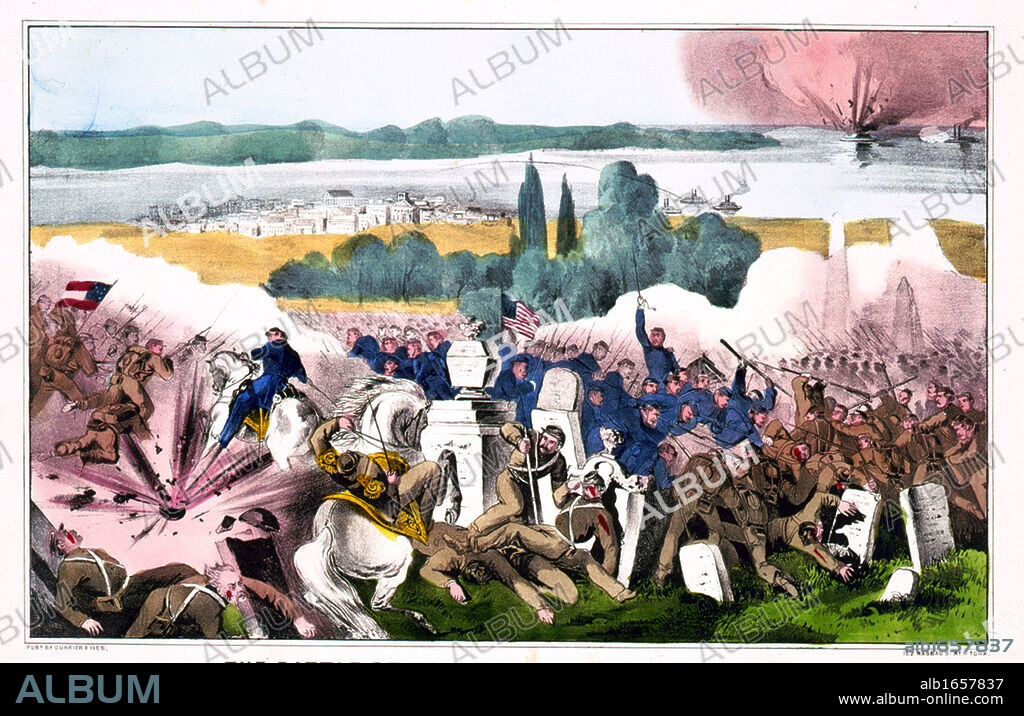 American Civil War 1861-1865: The Battle of Baton Rouge (Magnolia Cemetery), Louisiana, 5 August 1862. Land and naval battle. Union (Northern) victory over the Confederates (Southern) forces. Currier & Ives print 1862.