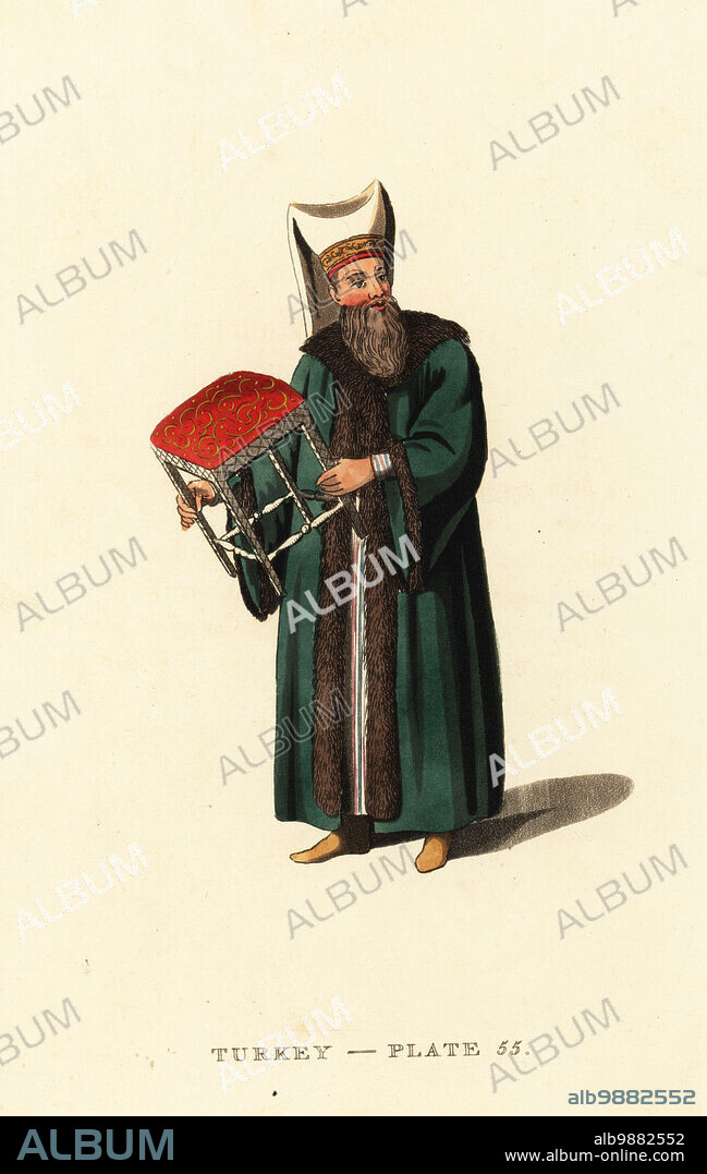 Stool bearer to the Grand Signior, Sultan of the Ottoman Empire. The officer aided the sultan when he mounted his horse. In headdress, pelisse coat with fur trim, yellow boots. Handcoloured copperplate engraving after Octavian Dalvimart from William Alexanders translation of Picturesque Representations of the Dress and Manners of the Turks, Thomas MLean, London, 1814.