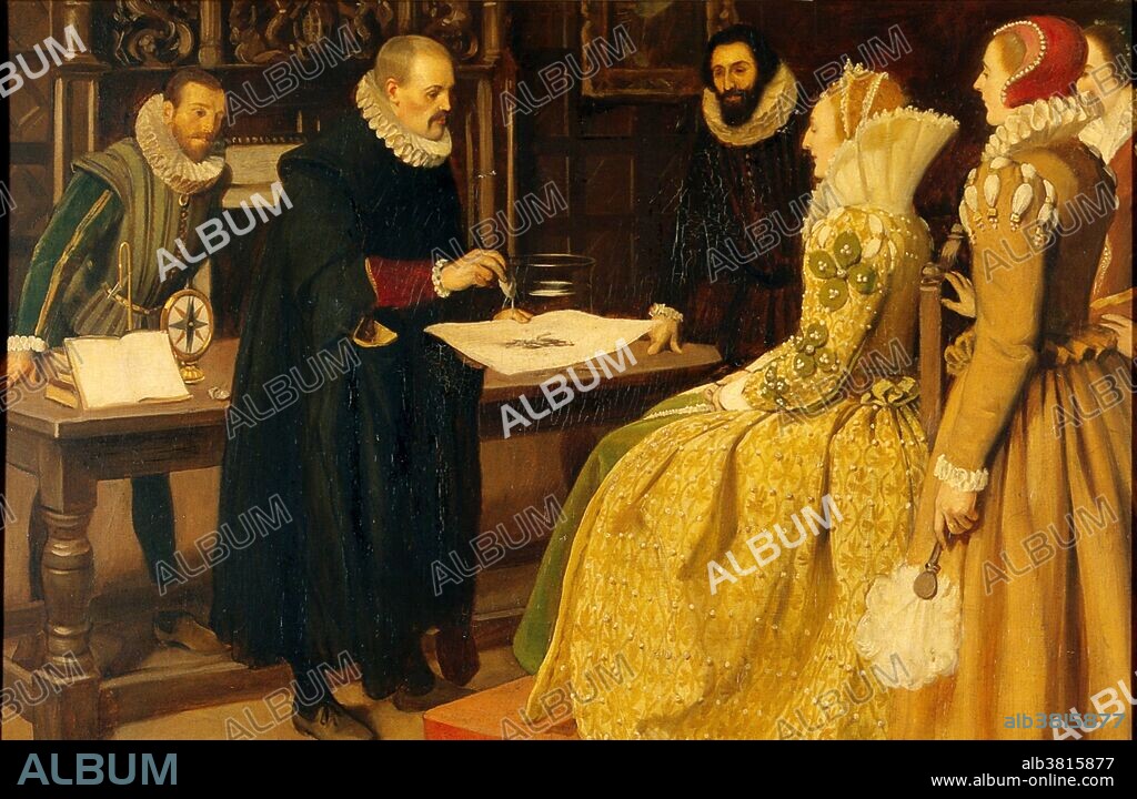 William Gilbert demonstrating the magnet before Queen Elizabeth in 1598. Oil painting by Ernest Board. William Gilbert (1544-1603) was an English physician, physicist and natural philosopher whose primary scientific work was De Magnete... (1600) (On the Magnet and Magnetic Bodies, and on the Great Magnet the Earth), and who is credited as one of the originators of the term "electricity." A unit of magnetomotive force, also known as magnetic potential, was named the Gilbert in his honor. In De Magnete, he describes many of his experiments with his model Earth called the terrella. From these experiments, he concluded that the Earth was itself magnetic and that this was the reason compasses point north (previously, some believed that it was the pole star (Polaris) or a large magnetic island on the north pole that attracted the compass). He was the first to argue, correctly, that the centre of the Earth was iron, and he considered an important and related property of magnets was that they can be cut, each forming a new magnet with north and south poles.