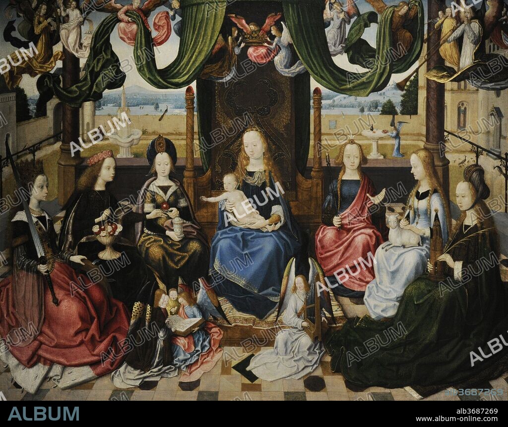 Maestro de la Leyenda de Santa Úrsula y taller (activo en Colonia, hacia 1480/1490-hacia 1510/1515). La Virgen María con Mujeres Santas. De izqda. a dcha., Santa Catalina, Santa Dorotea, Santa María Magdalena, Santa Apolonia, Santa Agnes y Santa Bárbara. Hacia 1485. Museo Wallraf-Richartz. Colonia. Alemania.