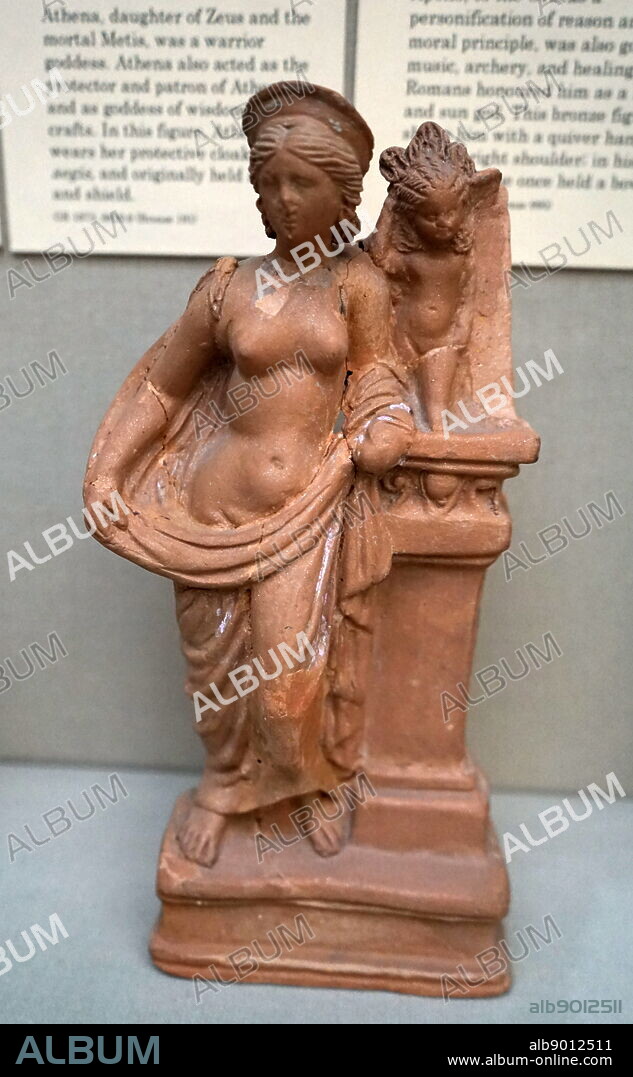 Terracotta statuette of Aphrodite and Eros Greek, late 2nd century BC, from Myrina, Asia Minor in western Turkey. Greek goddess of love and fertility with Eros the god of love.