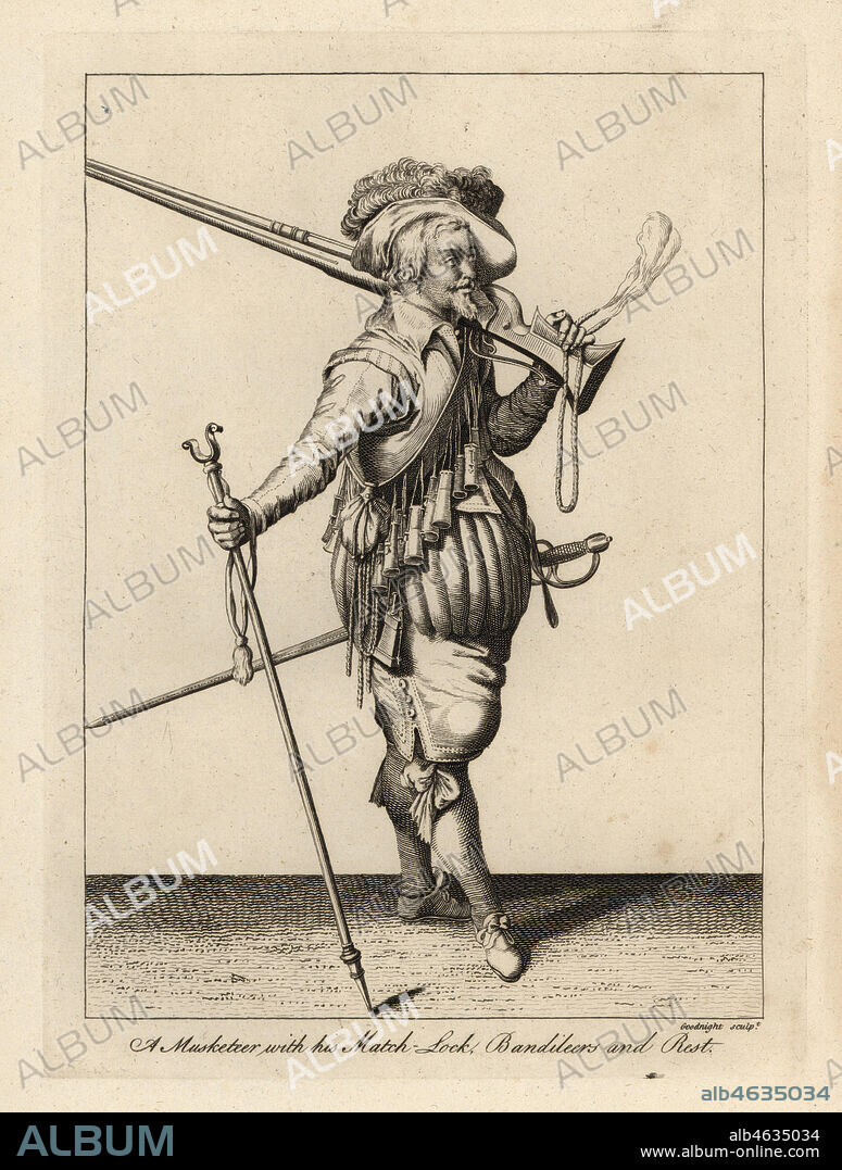 Musketeer with his matchlock, bandileers and musket rest, 17th century. Copperplate engraving by N.C. Goodnight from Francis Grose's Military Antiquities respecting a History of the English Army, Stockdale, London, 1812.