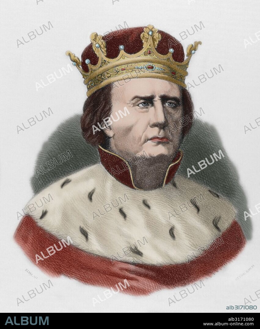 PEDRO IV DE ARAGON Y III DE CATALUÑA, llamado "El Ceremonioso" (Balaguer,1319-Barcelona,1387). Rey de la Corona de Aragón (1336-1387), hijo de Alfonso el Benigno y Teresa de Entença. Bajo su reinado se amplió la política exterior, conquistando Mallorca (1343), Rosellón (1314) y una política de Alianza con Venecia con respecto al tema de Cerdeña. Grabado de "Historia de España Ilustrada", del siglo XIX. Coloreado.