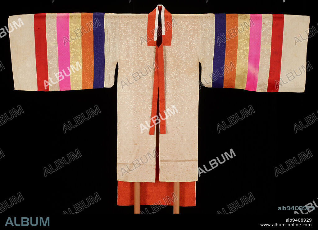 Wedding robe, late 19th-early 20th century, Unknown Korean, 50 x 72 9/16in. (127 x 184.3cm), Silk, Korea, 19th-20th century, For most of the Joseon dynasty, only aristocratic women could wear the grand ceremonial robes known in Korean as hwarot. But in the late 1800s, women of all classes gained the ability to wear them. For this wedding robe, each color of silk also features a different design motif. The pink silk used on the sleeves, for example, features a geometric design of small diamond shapes while many of the other silks feature floral and vegetal patterns. All are symbolic and meant to provide wishes of happiness for the bride and her groom.