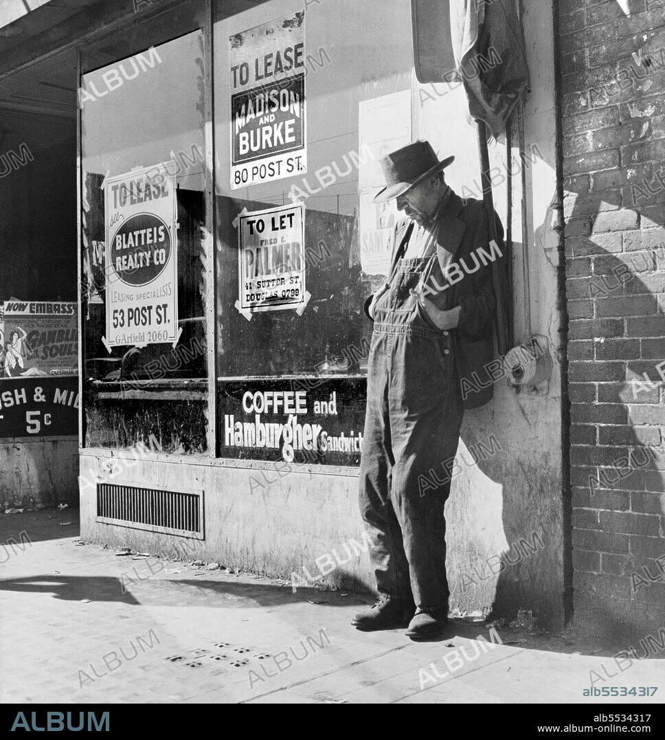 Skid Row, Howard Street, San Francisco, California, USA, Dorothea Lange, U.S. Office of War Information/U.S. Farm Security Administration, February 1937.