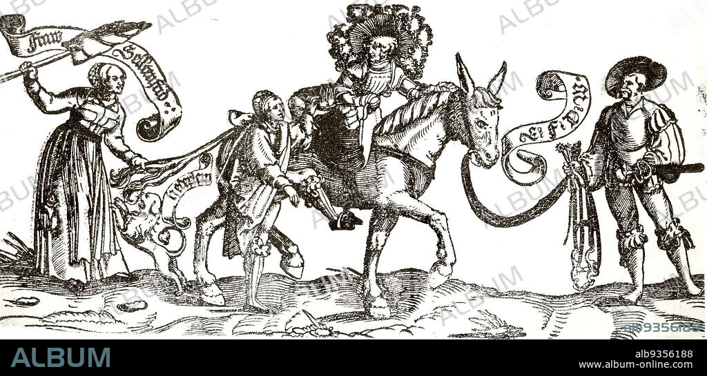 The Shrew, 'Frau Seltenfried', Erhard Schön, German, 1491-1542, Woodcut on laid paper, 6 7/16 x 14 in., 16.3 x 35.6 cm.