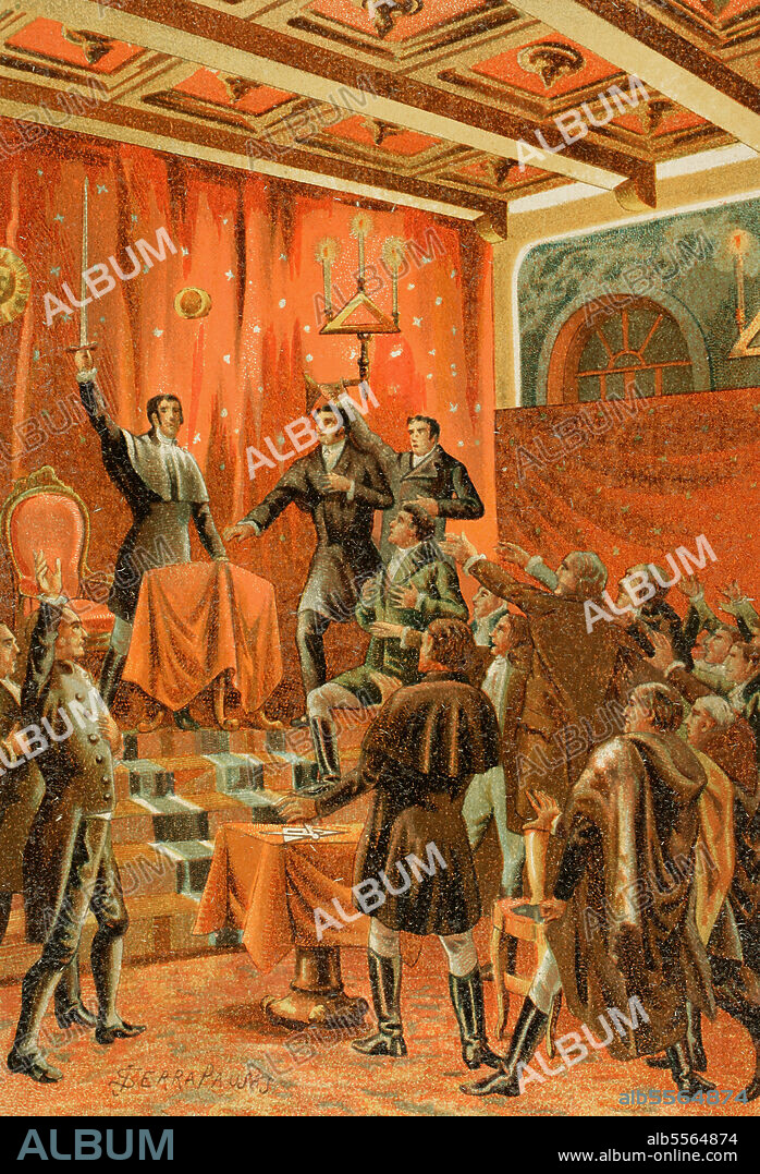 JOAN SERRA PAUSAS (ACTIVE 1861-1902). SPANISH ARTIST.. Historia de España. Revolución Liberal de 1820. "Juramento de los conspiradores liberales en la logia Taller Sublime". Se convocó a las distintas logias de los regimientos a una reunión solemne en Cádiz, para conjurarse a favor de la insurrección. Alcalá Galiano desempeña el cargo de orador, en un escenario con simbología masónica. Ilustración por Serra Pausas. Cromolitografía. Historia de la Revolución Española (desde la Guerra de la Indepenencia a la Restauración en Sagunto), por Vicente Blasco Ibáñez. Tomo I. Publicado en Barcelona, 1890.