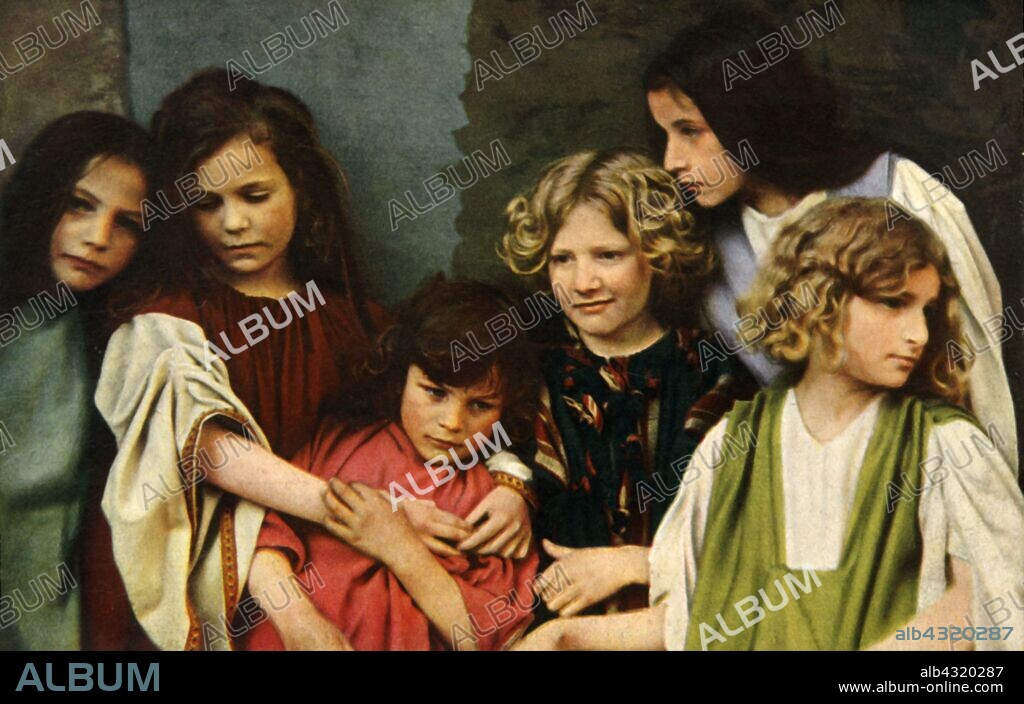 HENRY TRAUT. Child performers in the Oberammergau Passion Play, 1922. The play is performed every 10 years, on open-air stages, by the inhabitants of the village of Oberammergau in Bavaria, Germany. First staged in 1634, the play tells the story of Jesus' passion, culminating in his crucifixion. The event has become a tourist attraction, with audiences coming from all over the world. Official postcard of the 1922 Oberammergau Passion Play. [F. Bruckmann, Munich, Germany, 1922].