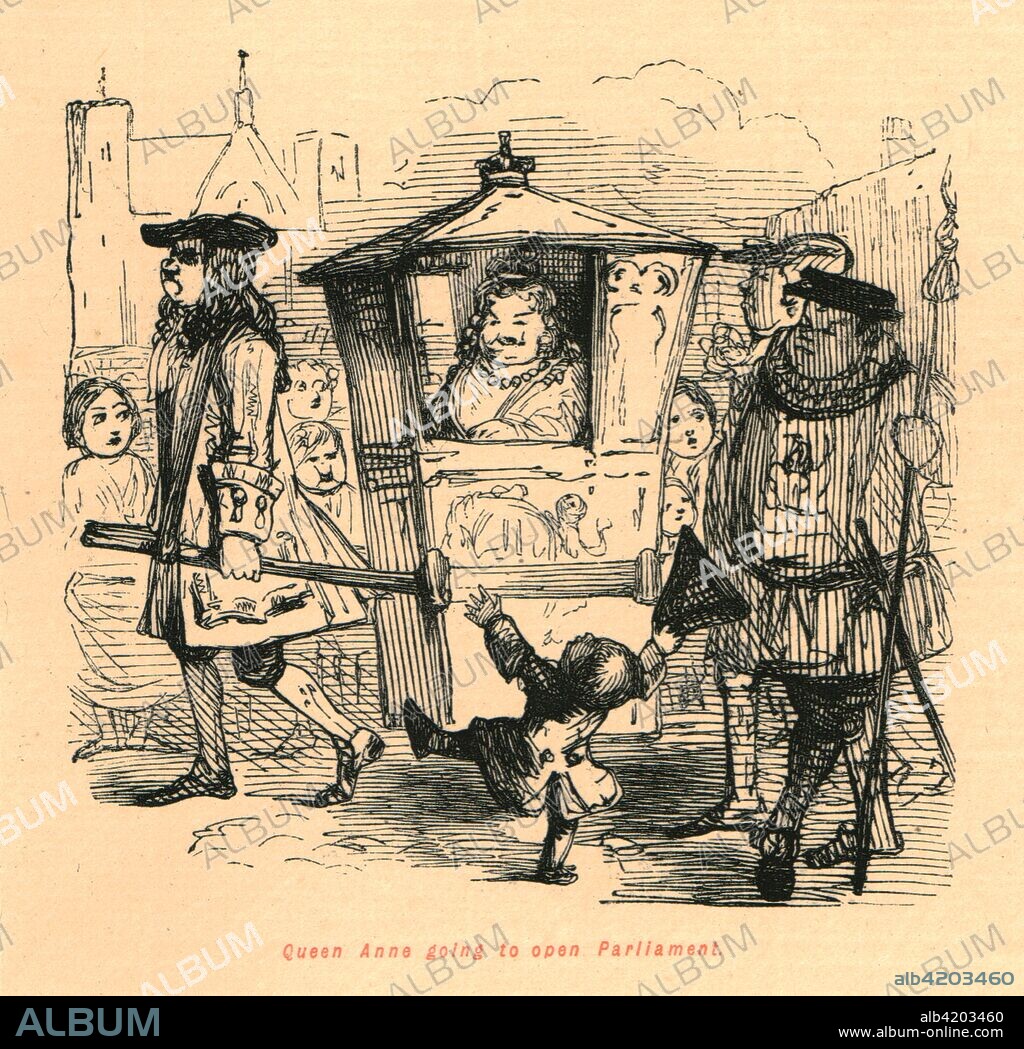 'Queen Anne going to open Parliament', 1897. Queen Anne of Great Britain and Ireland (1665-1714) is carried in a sedan chair. From "The Comic History of England" by Gilbert Abbott A Beckett, with satirical illustrations by John Leech. [Bradbury, Agnew & Co, London, 1897].