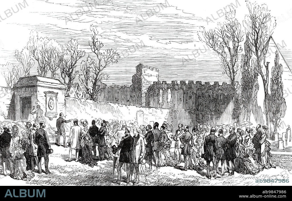 Unveiling the Memorial Tablet of Keats in the English Cemetery at Rome, 1876. 'A memorial medallion erected to the poet Keats, upon the pilaster of the gateway close to his tombstone in the Protestant burying-ground, was uncovered on Monday afternoon. An address was delivered by Major-General Sir Vincent Eyre. The sculptor, Mr. Warrington Wood, having generously declined payment for his work, Sir Vincent stated that the amount would be treated as a nucleus of a larger sum for the execution of a bust to be placed in Poets' Corner, Westminster Abbey, provided the requisite permission could be obtained'. British poet John Keats died of tuberculosis at the age of 25. Fellow poet Percy Bysshe Shelley who, like Keats died in Italy in his twenties, is also buried in the Protestant Cemetery. From "Illustrated London News", 1876.