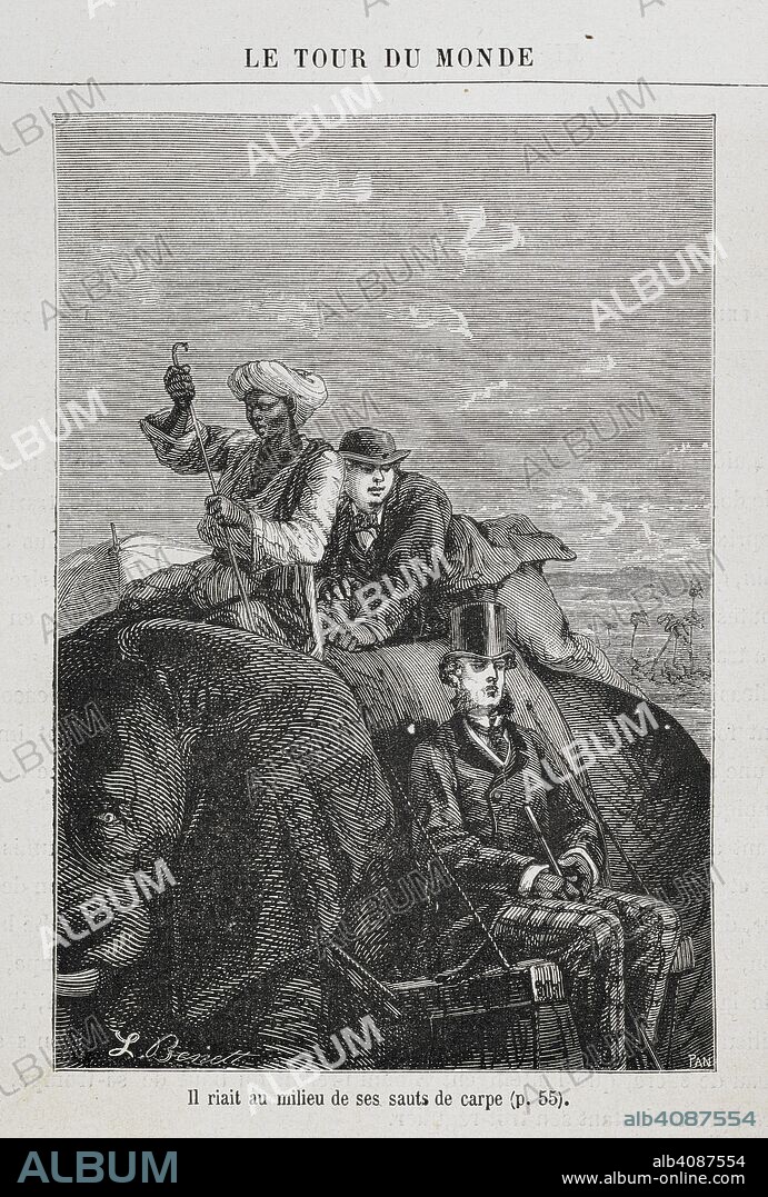 JULIO VERNE. Phileas Fogg and Jean Passepartout, riding an elephant in India, with a hired guide. An illustration to 'Around the World in Eighty Days'. [Le Tour du Monde en quatre-vingts jours. [A novel.] (HuitieÌ€me eÌdition.)] [Around the World in 80 Days]. Paris, [1873]. Source: 12514.l.18 page 56.