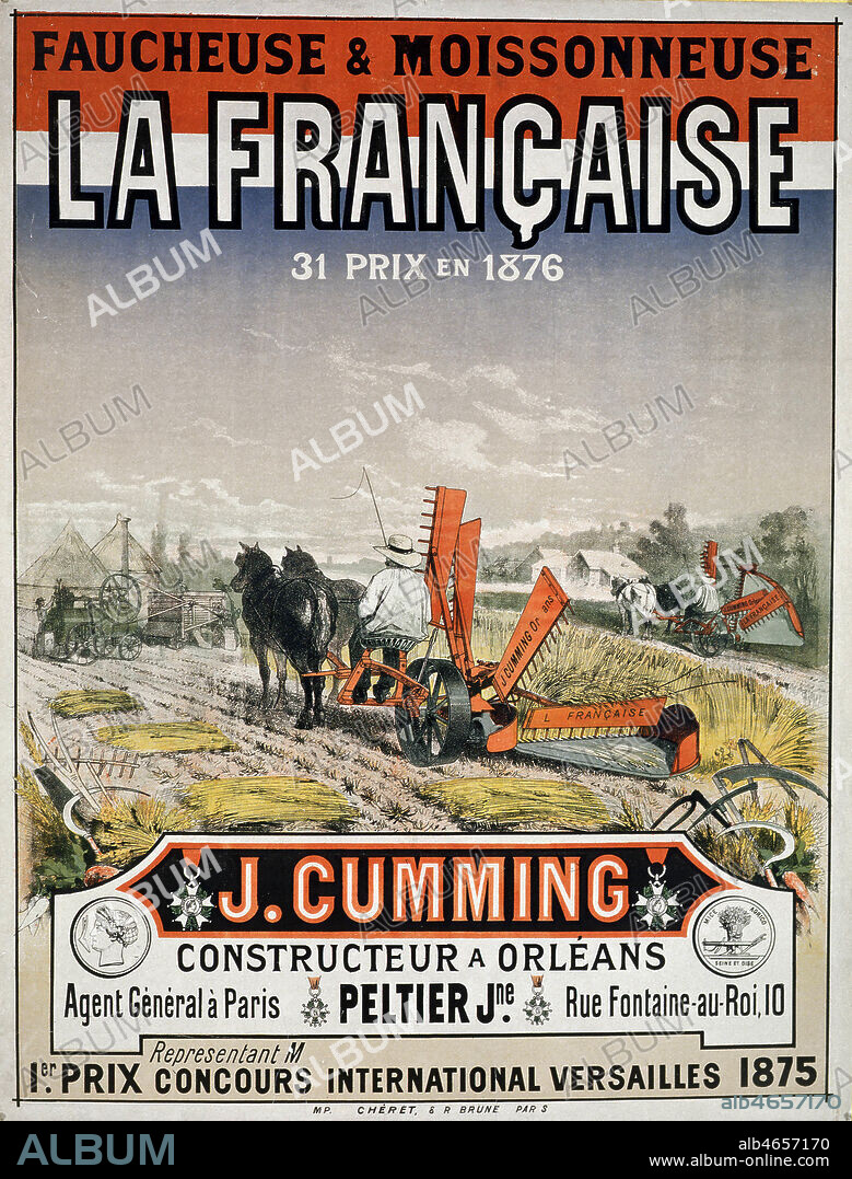 'Faucheuse et moissonneuse La Francaise'. Publicite anonyme pour le fabricant de materiel agricole J. CUMMING, realisee vers 1880. Credit : Coll. Perrin/KHARBINE-TAPABOR.