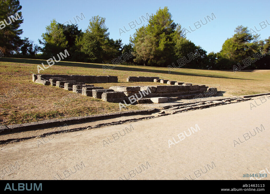 Greek Art. Sanctuary of Olympia. The ancient Olympic Stadium. Remains of the Judges Platform (Hellanodikes). The east of archaelogical site.  Elis. Peloponesse. Greece. Europe.