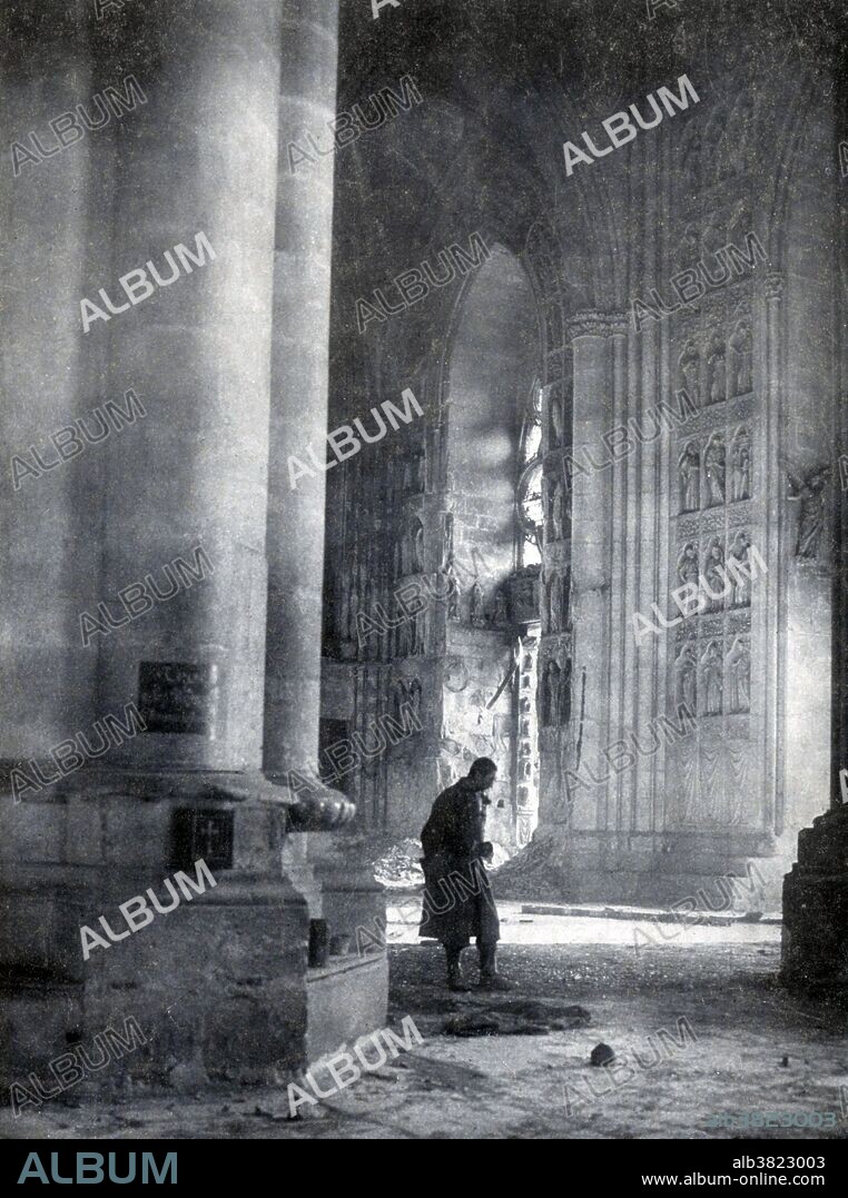 On September 4, 1914, a month after the beginning of WWI, the German army entered Reims. It was pushed back but it took refuge in the surrounding fortresses, and started bombardment. On September 20, 1914 the Notre-Dame de Reims (Our Lady of Reims) German shellfire burned, damaged and destroyed important parts of the cathedral. Scaffolding around the north tower caught fire, spreading the blaze to all parts of the carpentry superstructure. The lead of the roofs melted and poured through the stone gargoyles, destroying in turn the bishop's palace. Images of the cathedral in ruins were used during the war as propaganda images by the French against the Germans and their deliberate destruction of buildings rich in national and cultural heritage. No date available.