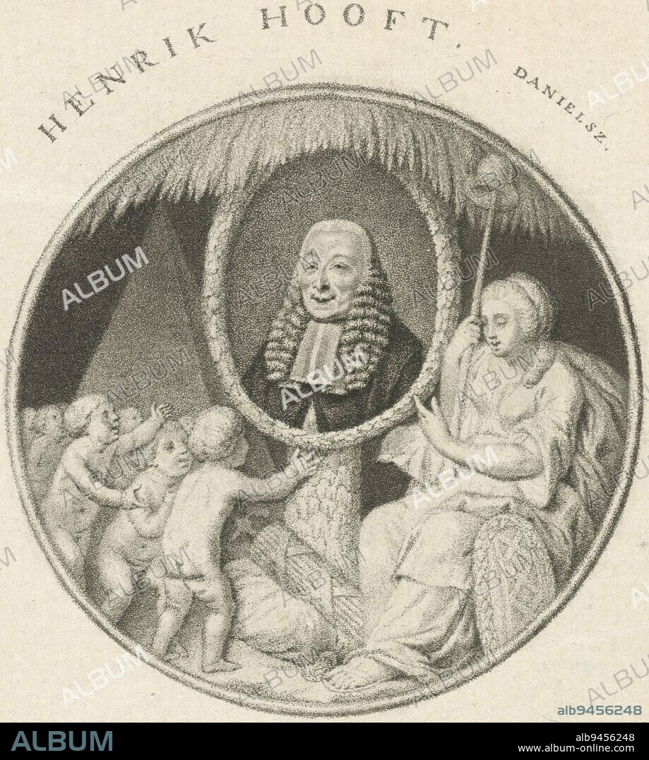 Memorabilia print for Hendrik Danielsz. Hooft, François Joseph Pfeiffer (I), in or after 1794 - 1796, The Amsterdam city maiden, holding the liberty hat on a lance, points to the portrait of Hendrik Hooft Danielsz., mayor of Amsterdam., print maker: François Joseph Pfeiffer (I), (mentioned on object), Pieter Leonard van de Kasteele, (mentioned on object), Amsterdam, in or after 1794 - 1796, paper, etching, h 101 mm × w 82 mm.